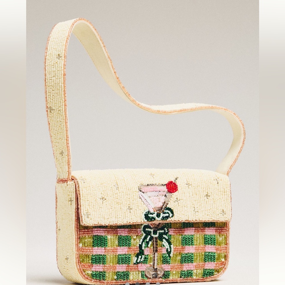 Anthropologie The Fiona Beaded Bag: Food & Drink Edition | Plaid Martini | NWT - Picture 2 of 5